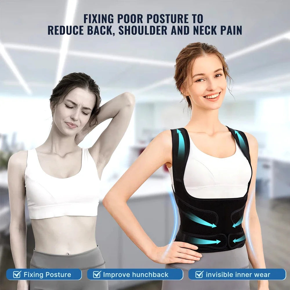 Model wearing Kweepfull black posture corrector with text about better posture and pain relief