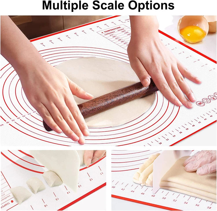 "Hands using a rolling pin on a silicone baking mat with clear measurement markings for precise dough preparation."