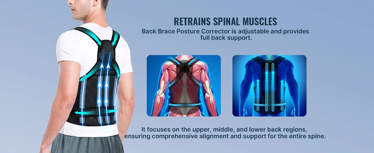 "Back brace posture corrector worn by user, displaying before and after posture improvement on a blue background."