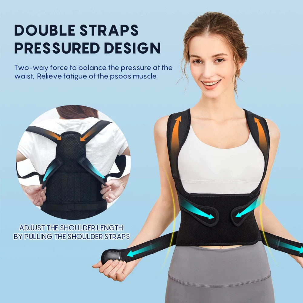 Woman wearing a black posture corrector with text highlighting posture improvement benefits on a blue background."