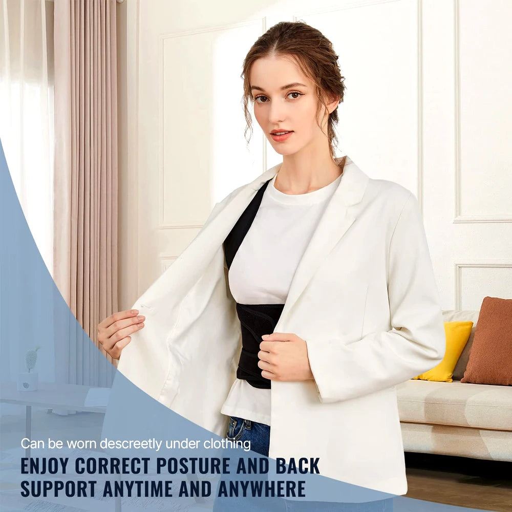 Woman in white jacket showcasing a black back support posture corrector
