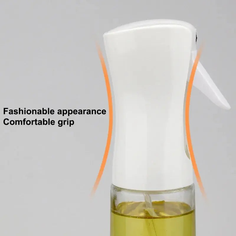 White bottle with orange accents containing a yellow liquid on a gray background