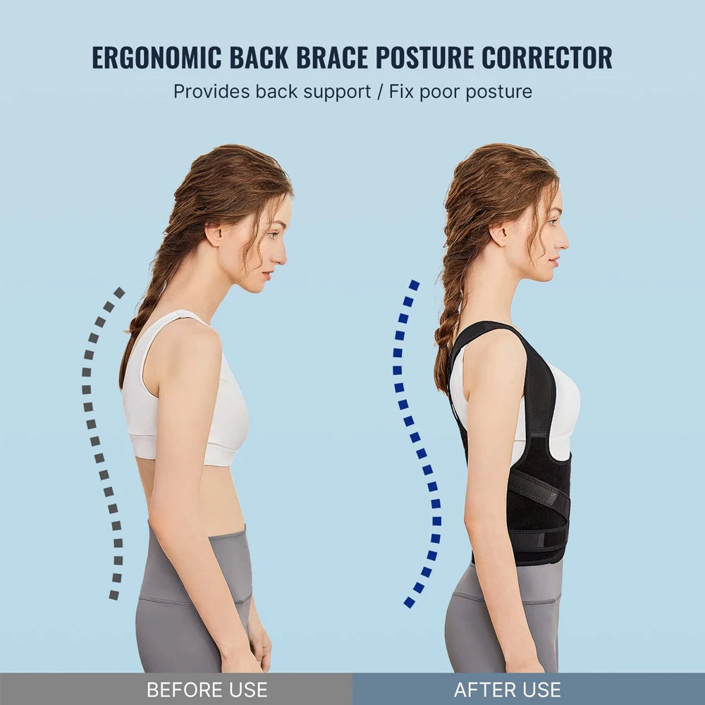 Ergonomic back brace posture corrector showing before and after use on a woman.