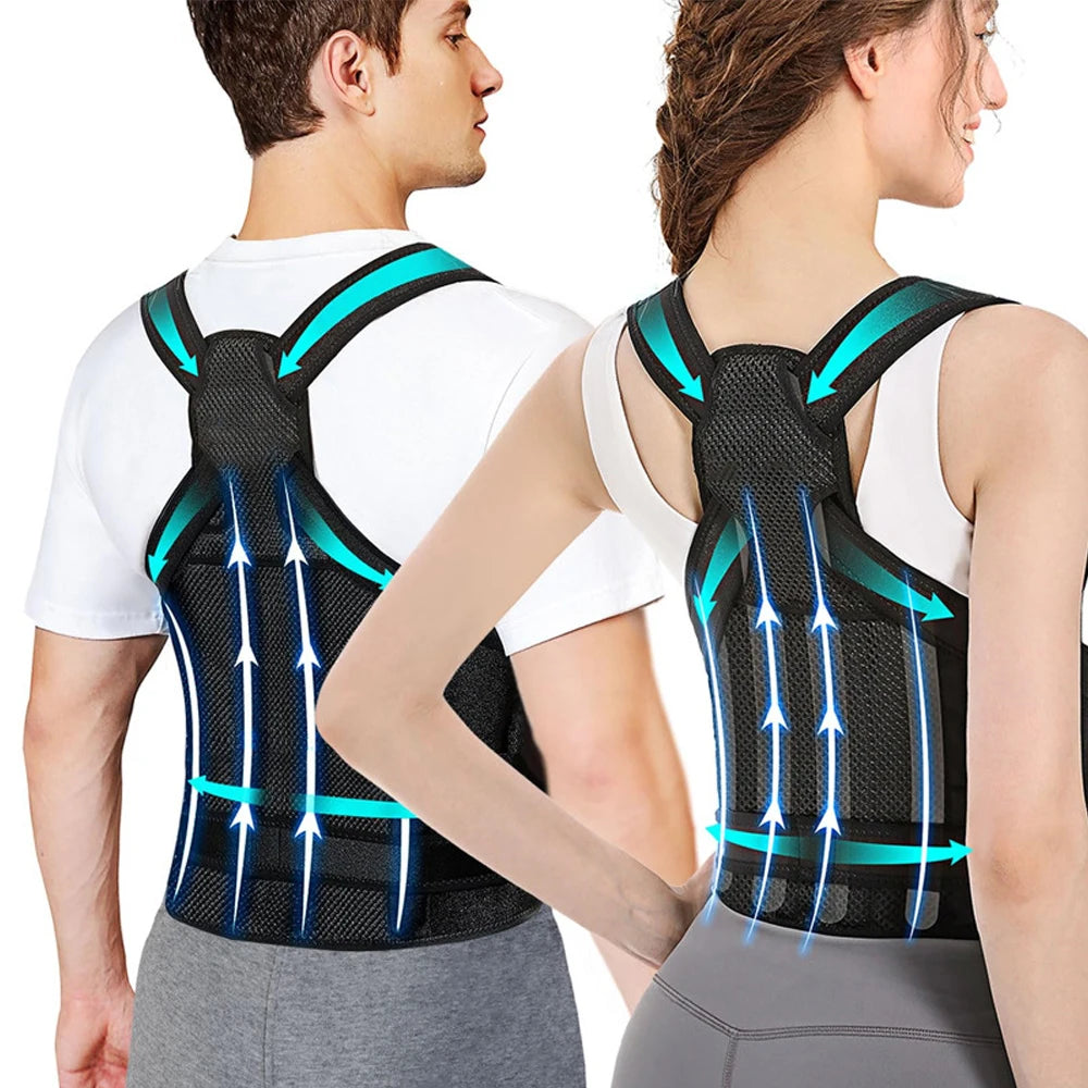 Two people wearing black posture correctors with blue accents, standing on a white background