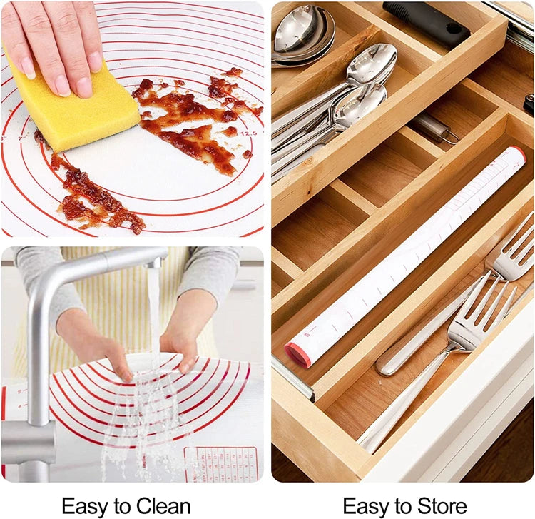 "Collage of kitchen essentials featuring a cutting board with food residue, a measuring tool, and an open drawer filled with cutlery."