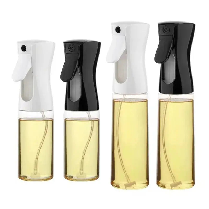 "Set of four spray bottles with black and white nozzles, filled with yellow liquid, arranged on a clean white background."