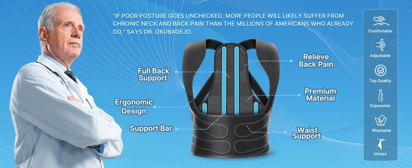 Ergonomic back support brace with doctor recommendation and key features for posture correction shown on a blue background