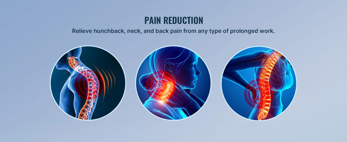 Illustrations of hunchback, neck, and back pain with descriptive text about pain reduction and posture correction
