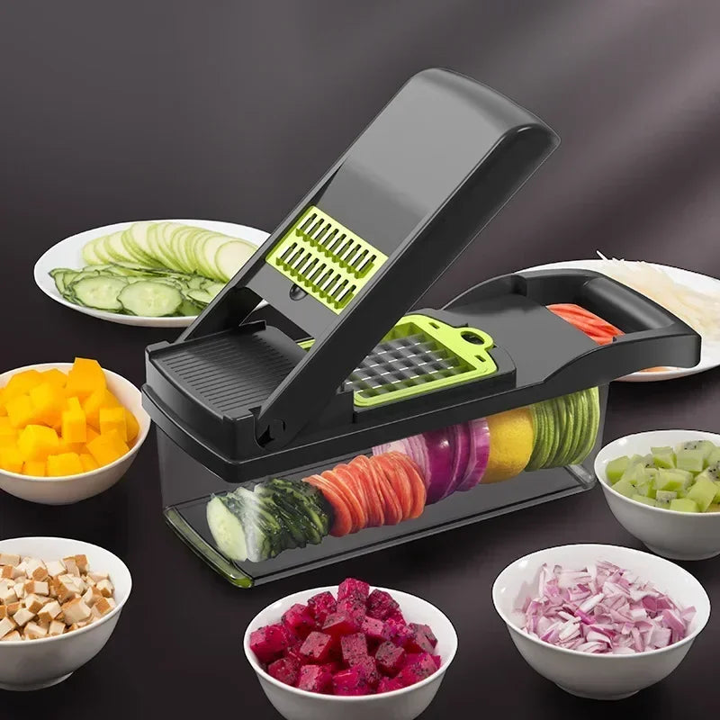 "Multifunctional vegetable chopper with freshly sliced vegetables, presented on a dark background to highlight the product and contents."
