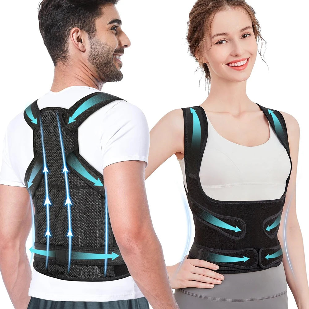 Two people wearing black posture correctors with blue accents on a white background