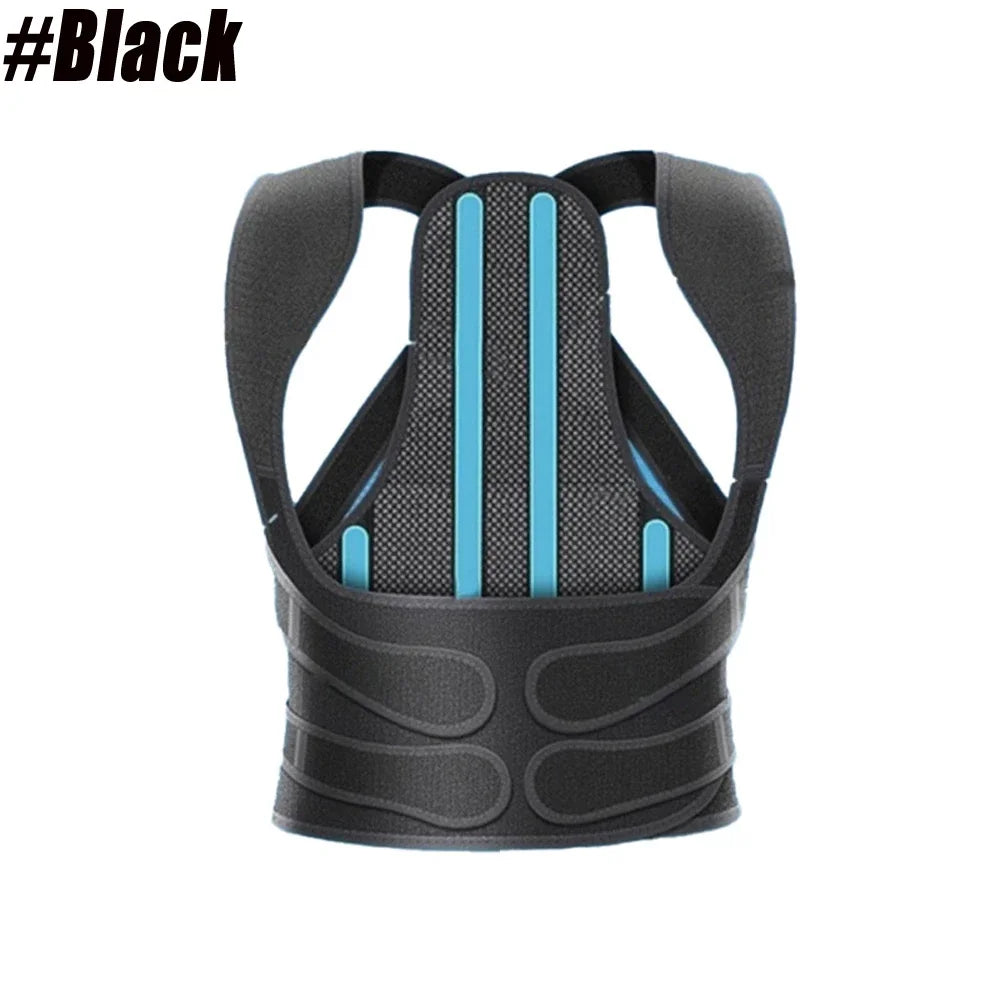 Black back brace with blue accents displayed on a clean white background