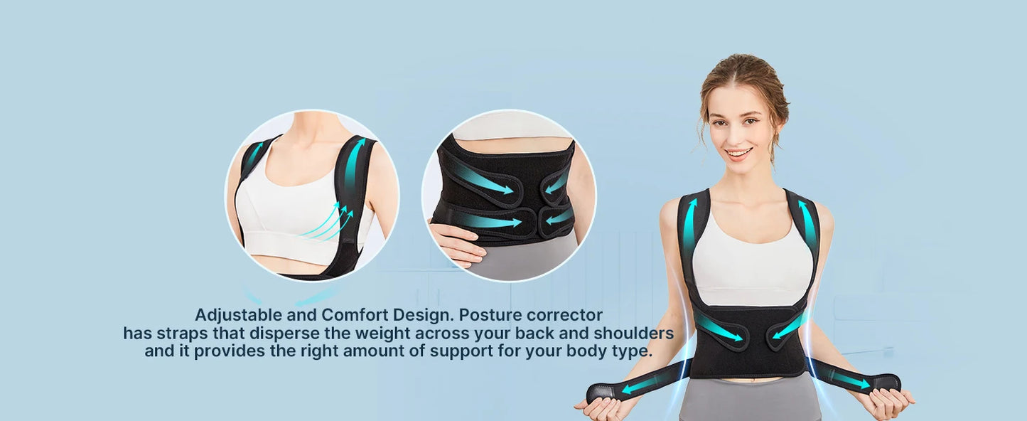 Female model demonstrating adjustable and comfortable posture corrector for back support