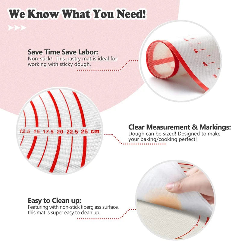 "Non-stick pastry mat with measurement markings and feature descriptions displayed on a pink background."