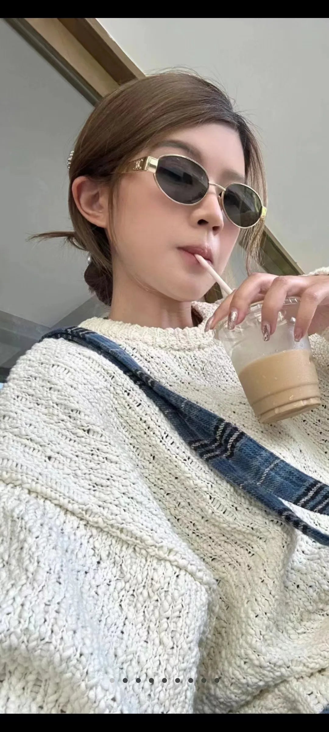 Unisex retro oval sunglasses – cozy fall fashion with textured sweater and drink