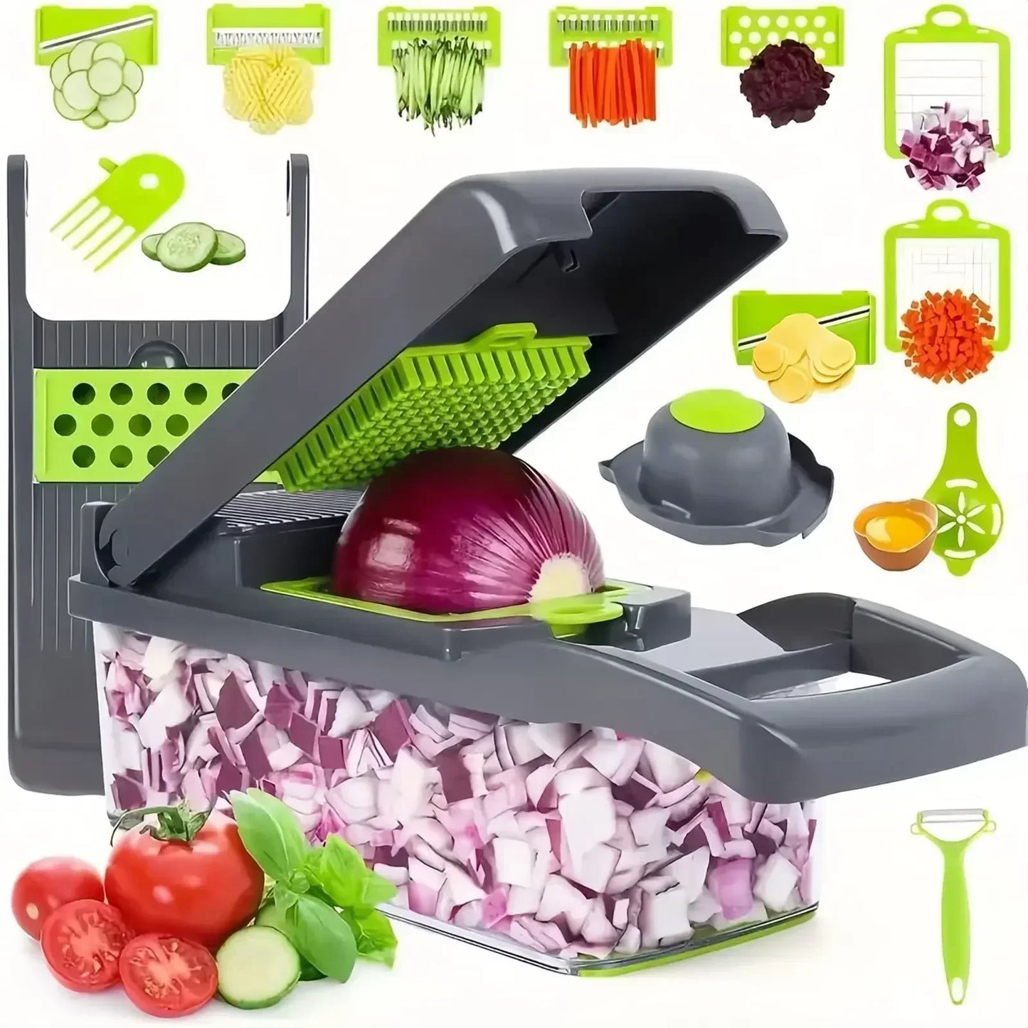 Vegetable chopper with chopped onions and additional attachments on a white background