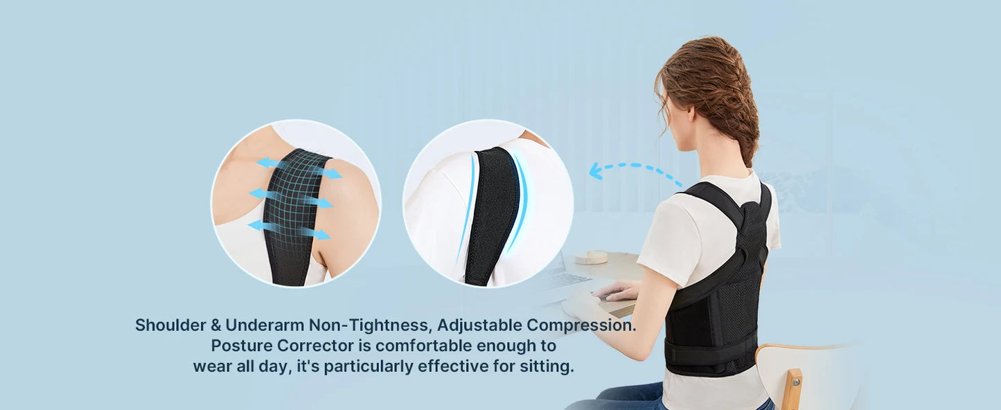 Person wearing a posture corrector with illustrations highlighting fit around shoulders and underarms