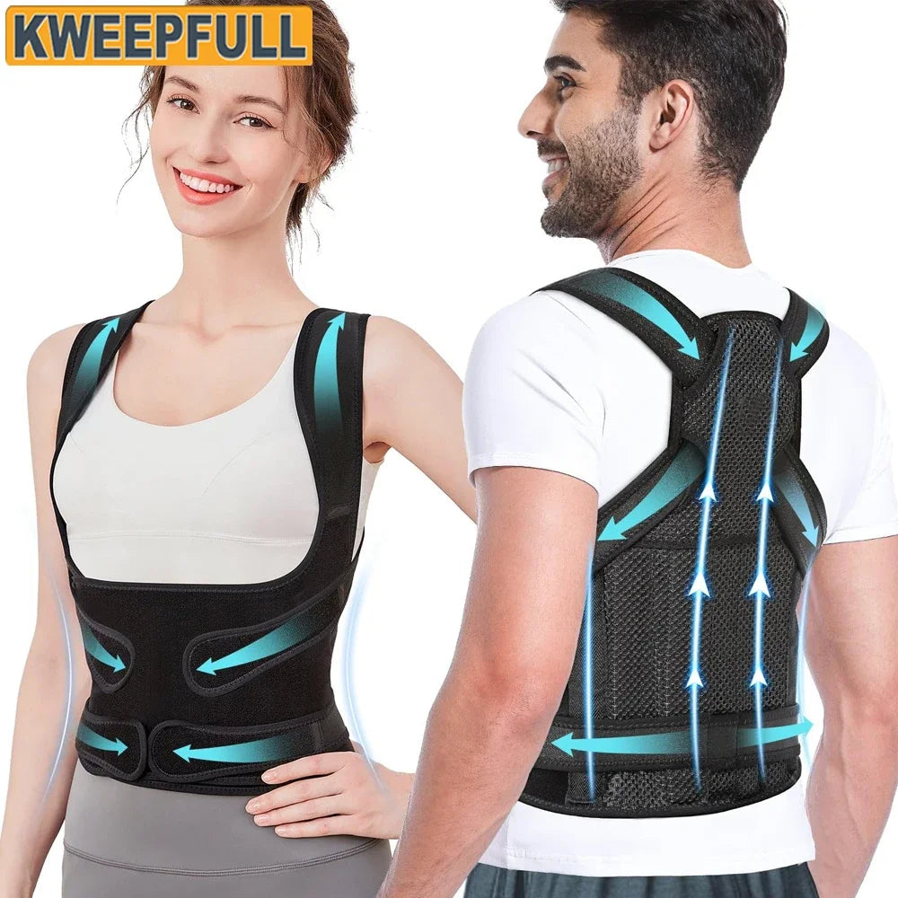 "Two adults wearing black Kweepfull back posture corrector vests for improved spinal alignment and pain relief."