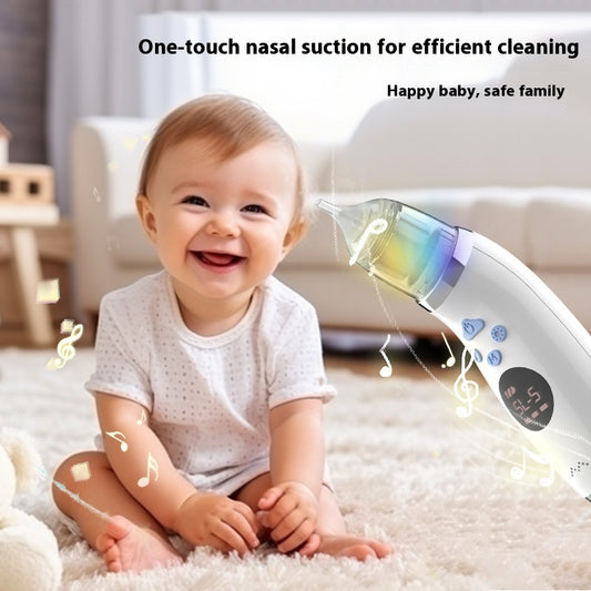 "Baby sitting on a soft carpet with a one-touch nasal suction device in the foreground, accompanied by text highlighting efficient and hygienic nasal cleaning."