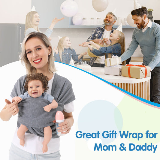
"Promotional image showcasing a gray baby carrier wrap with a baby dummy inside, while a happy family with two children enjoys time together in the background."
