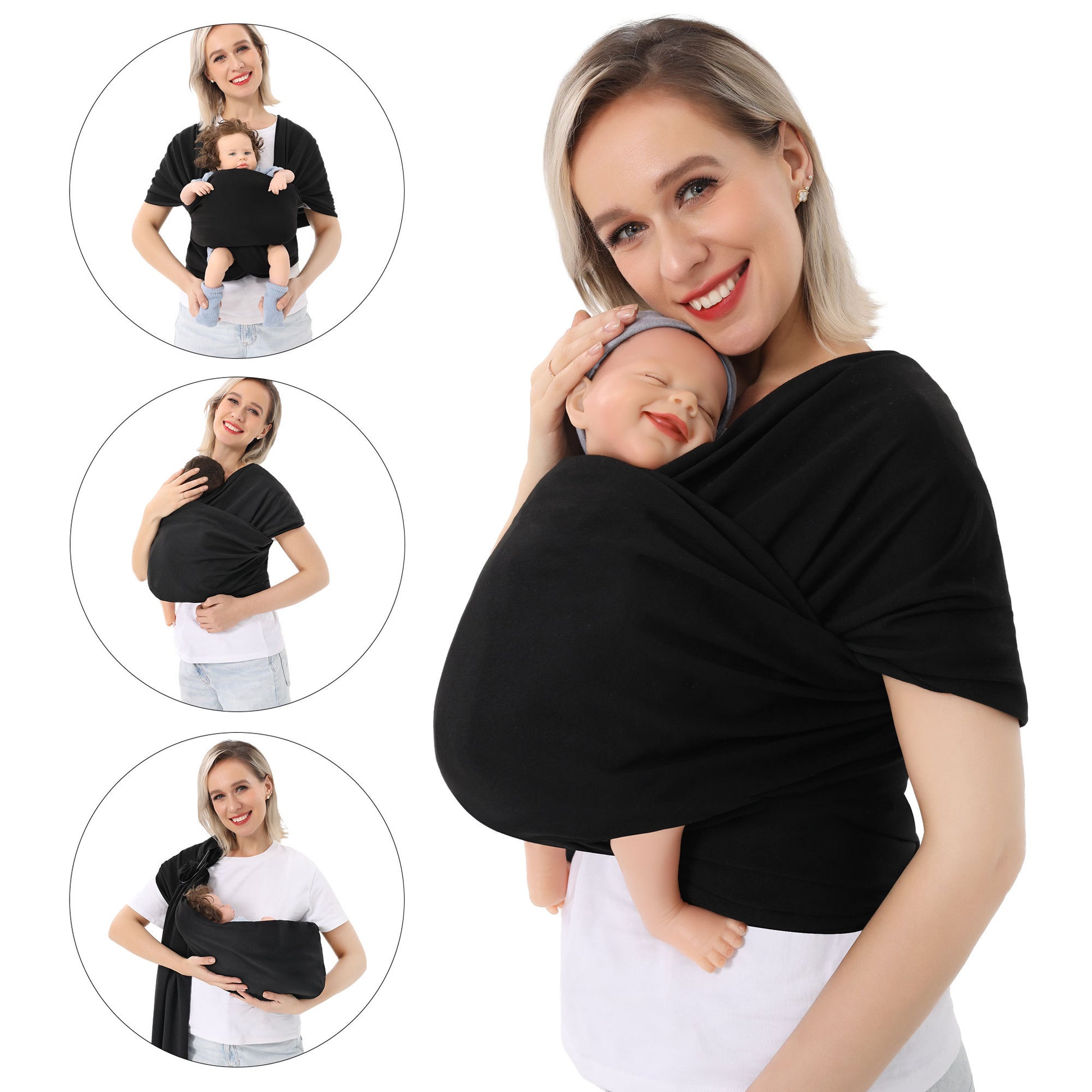
"Gray baby carrier wrap with a baby dummy placed inside, shown in a warm family setting with two children playing in the background."