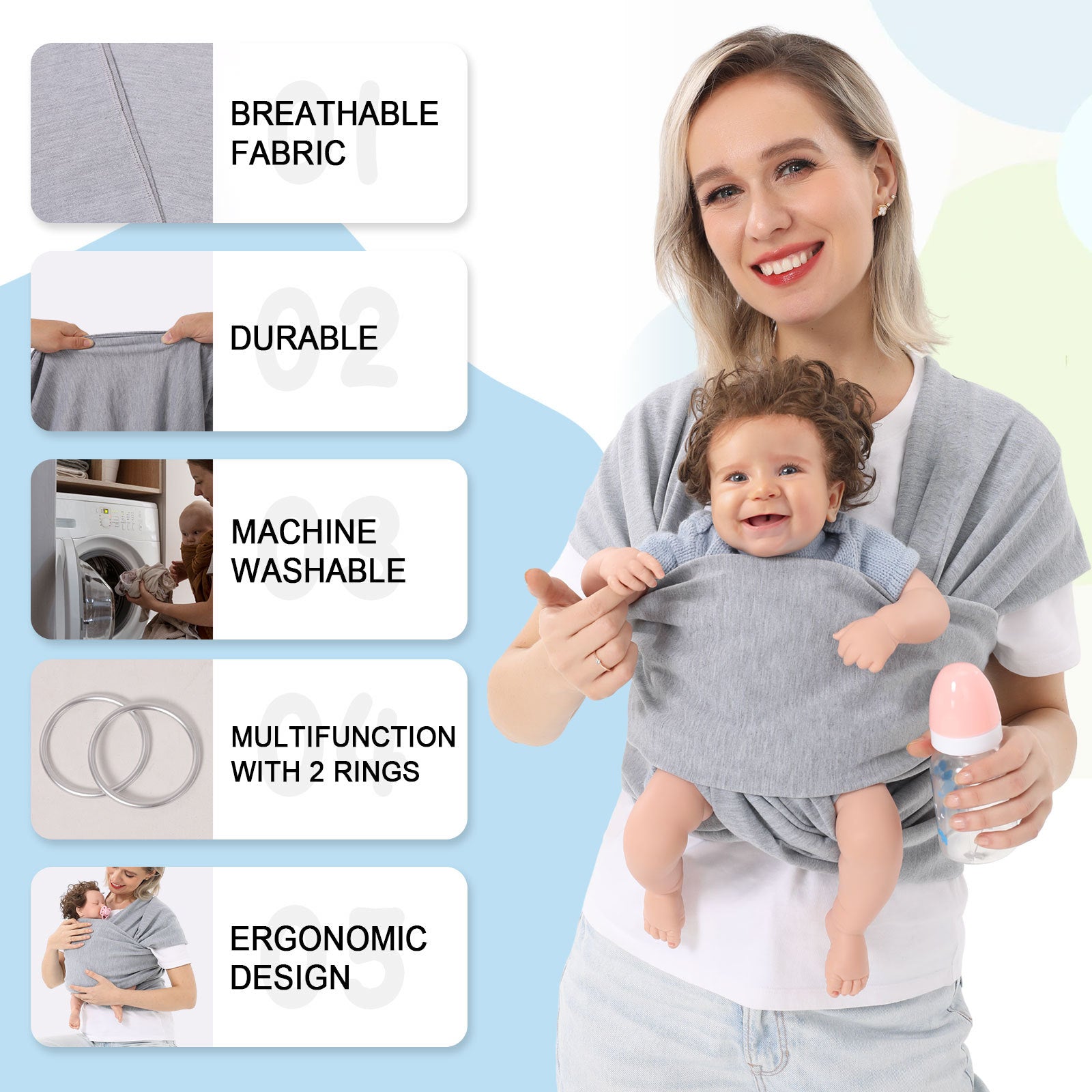 
"Mother holding a baby in a gray baby carrier wrap, shown with product features like breathable fabric, durability, and ergonomic design."