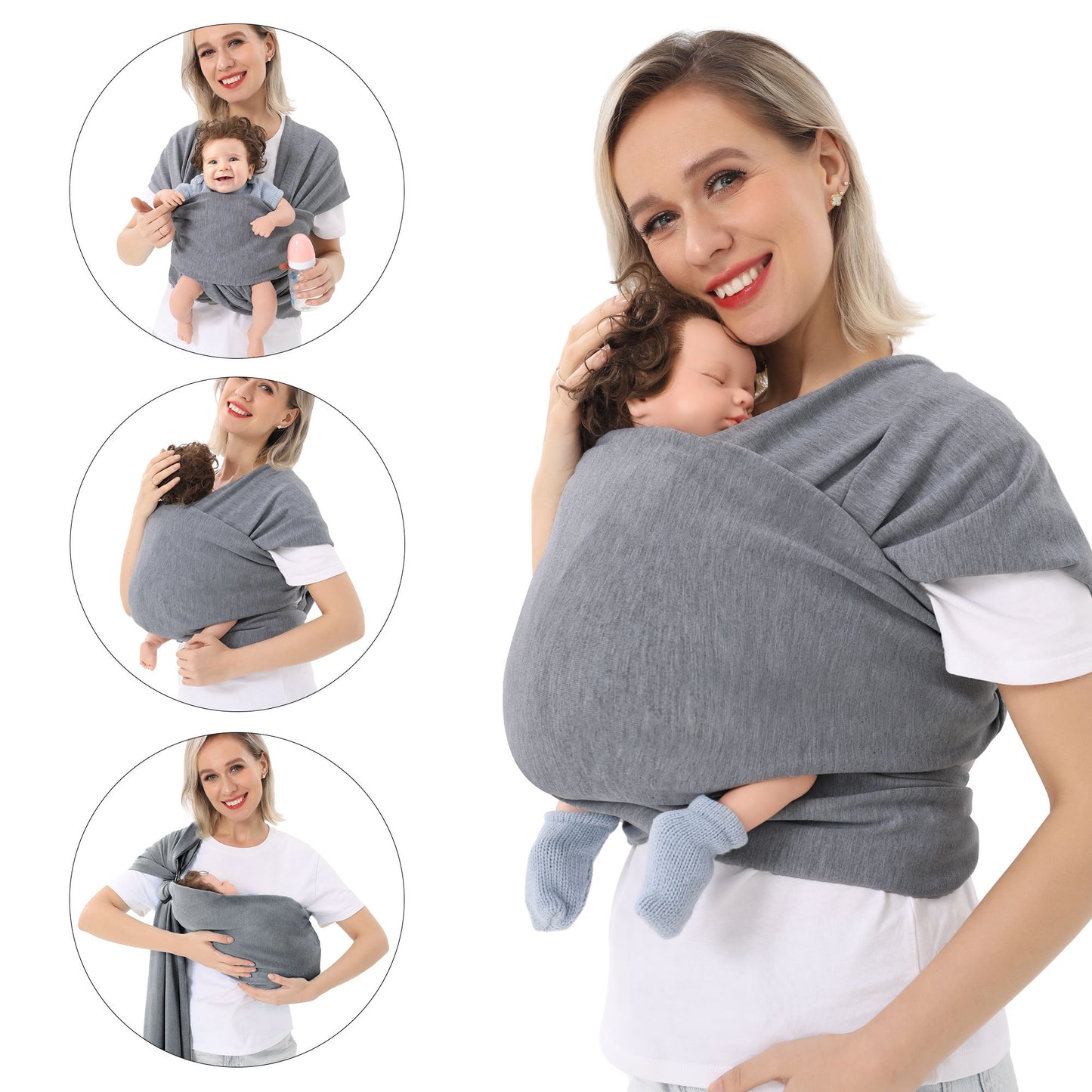 
"Gray baby carrier wrap with a baby dummy inside, showcased in a cozy promotional setting where a happy family with two children is spending quality time together in the background."