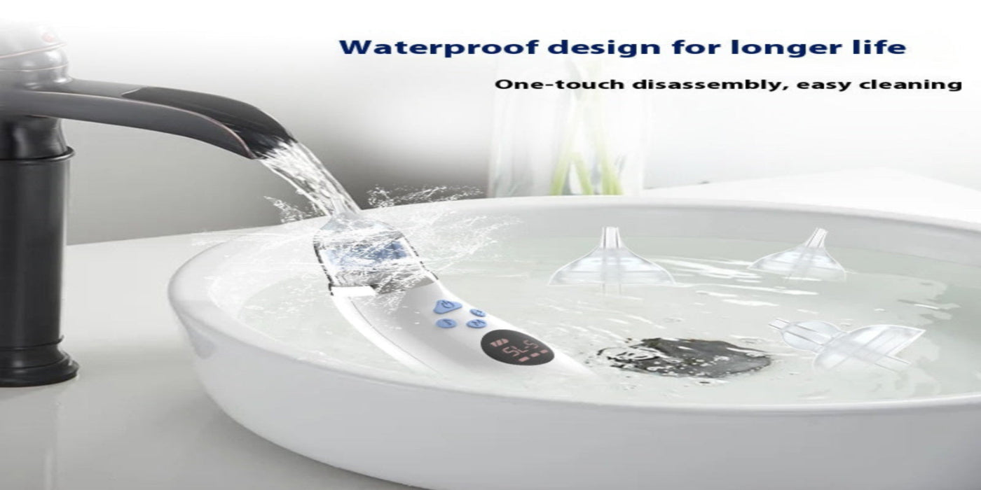 
"White electronic device with water running over it on a white surface, with a black faucet in the background, illustrating water resistance or easy cleaning."