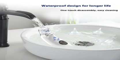 
"White electronic device with water running over it on a white surface, with a black faucet in the background, illustrating water resistance or easy cleaning."