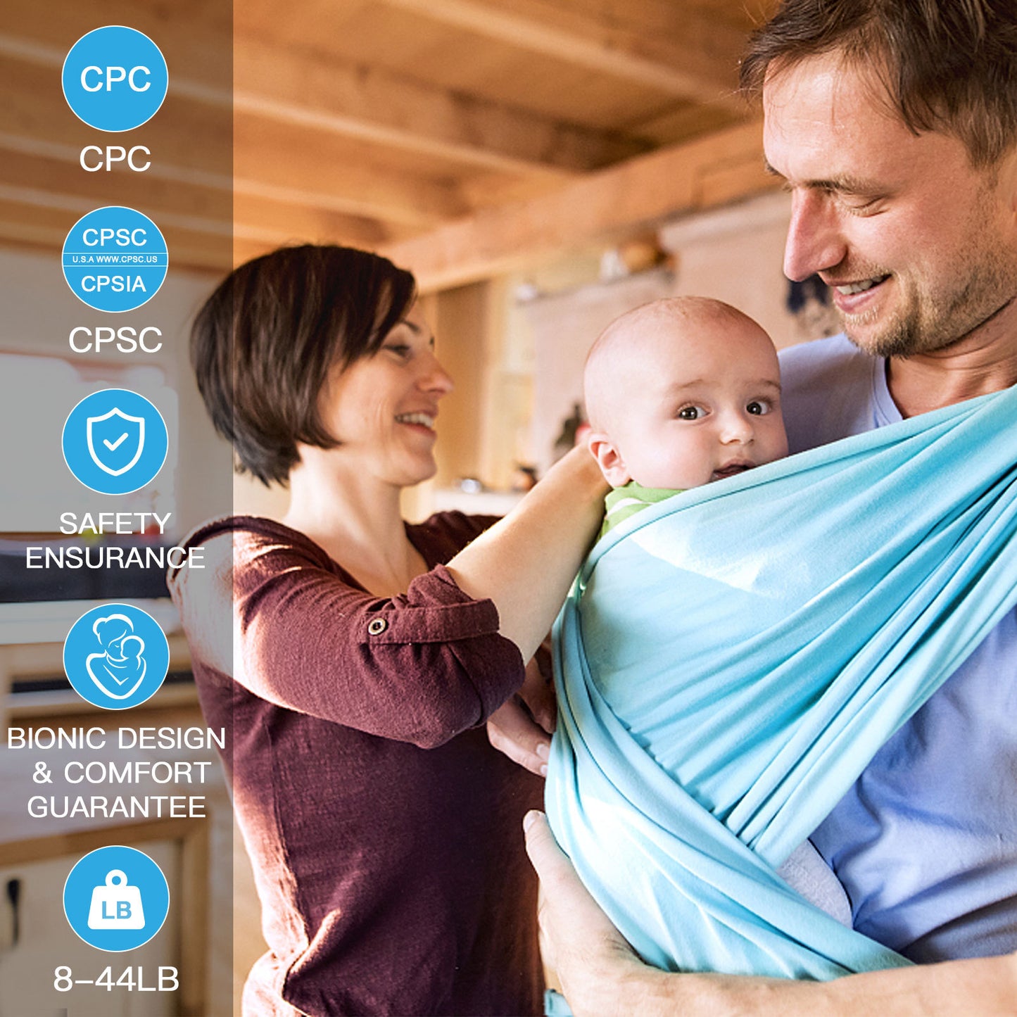 
"Happy parents using a blue baby wrap to carry their child, with safety certifications and comfort icons displayed on the left."

