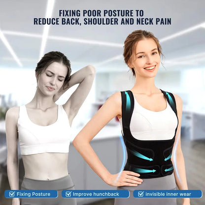 Model wearing Kweepfull black posture corrector with text about better posture and pain relief