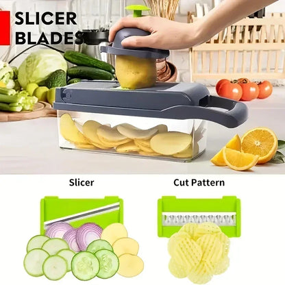 Vegetable slicer with sliced vegetables on a kitchen counter, showing different cut patterns.