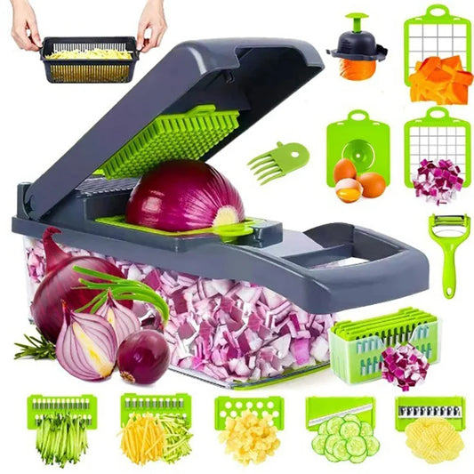 
"Multifunctional kitchen slicer with interchangeable attachments and assorted chopped vegetables, displayed on a clean white background."



