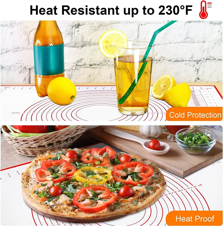 
"Heat-resistant silicone mat placed on a table with pizza, lemonade, and descriptive text highlighting its heat protection feature."

