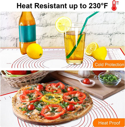 
"Heat-resistant silicone mat placed on a table with pizza, lemonade, and descriptive text highlighting its heat protection feature."

