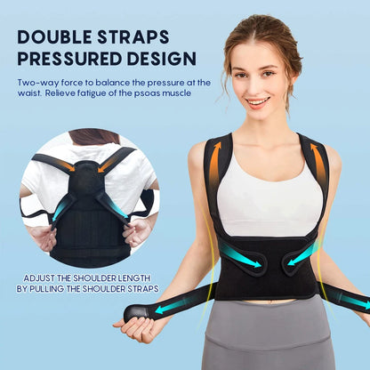 Woman wearing a black posture corrector with text highlighting posture improvement benefits on a blue background."