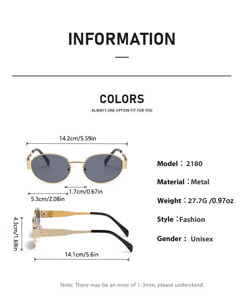 Sunglasses specification chart – includes frame size, lens type, and UV protection info