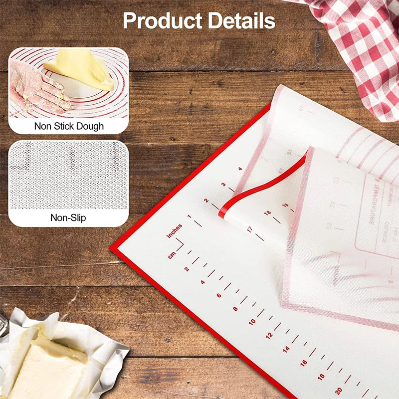 Baking mat with measurements on a wooden surface, showing non-stick and non-slip properties.