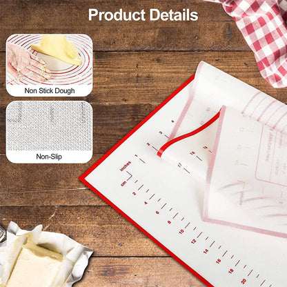 Baking mat with measurements on a wooden surface, showing non-stick and non-slip properties.