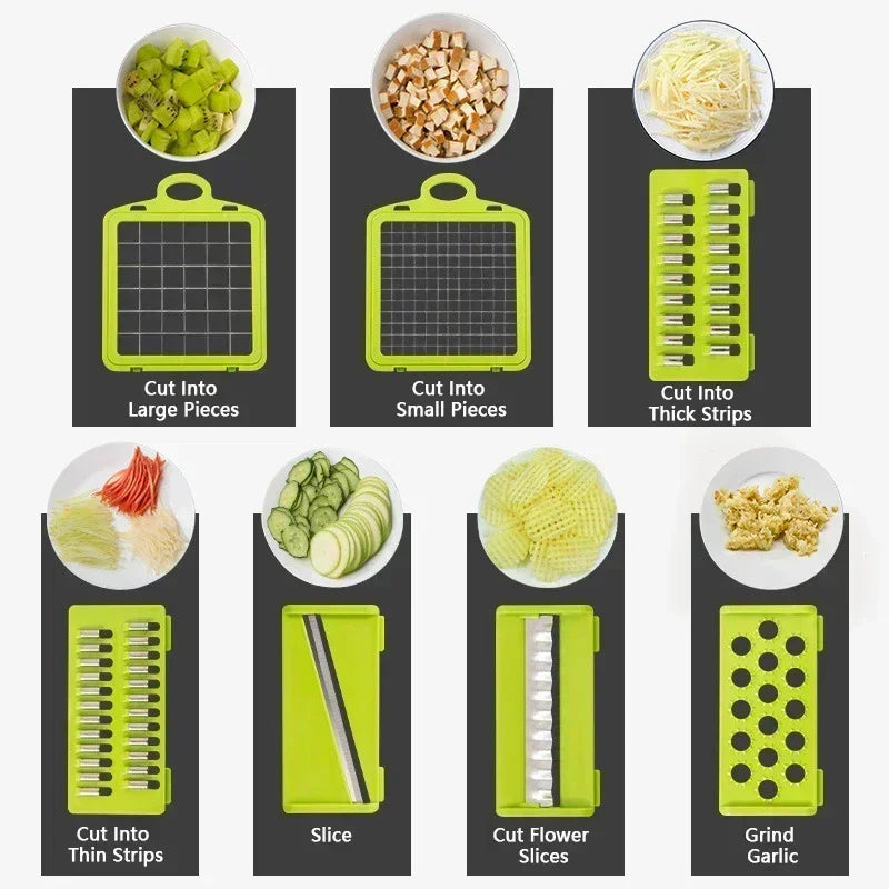 Set of green kitchen tools with various cutting options on a white background