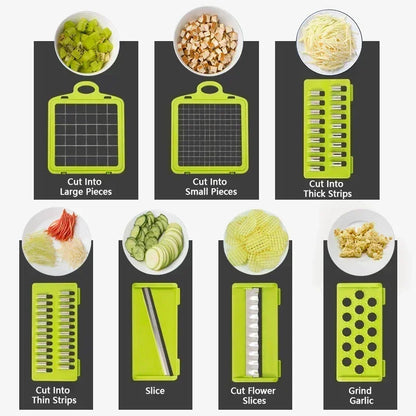 Set of green kitchen tools with various cutting options on a white background