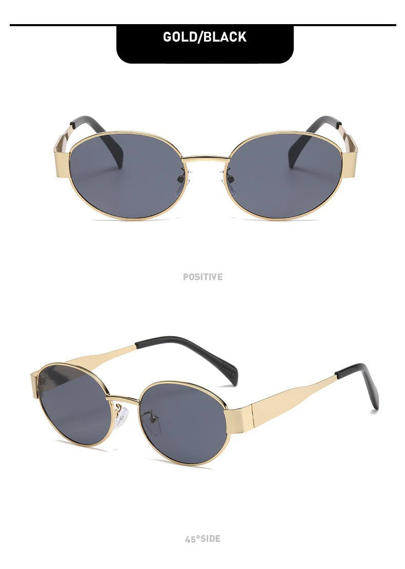 Stylish women’s sunglasses with gold frame and black lenses – product shot on white