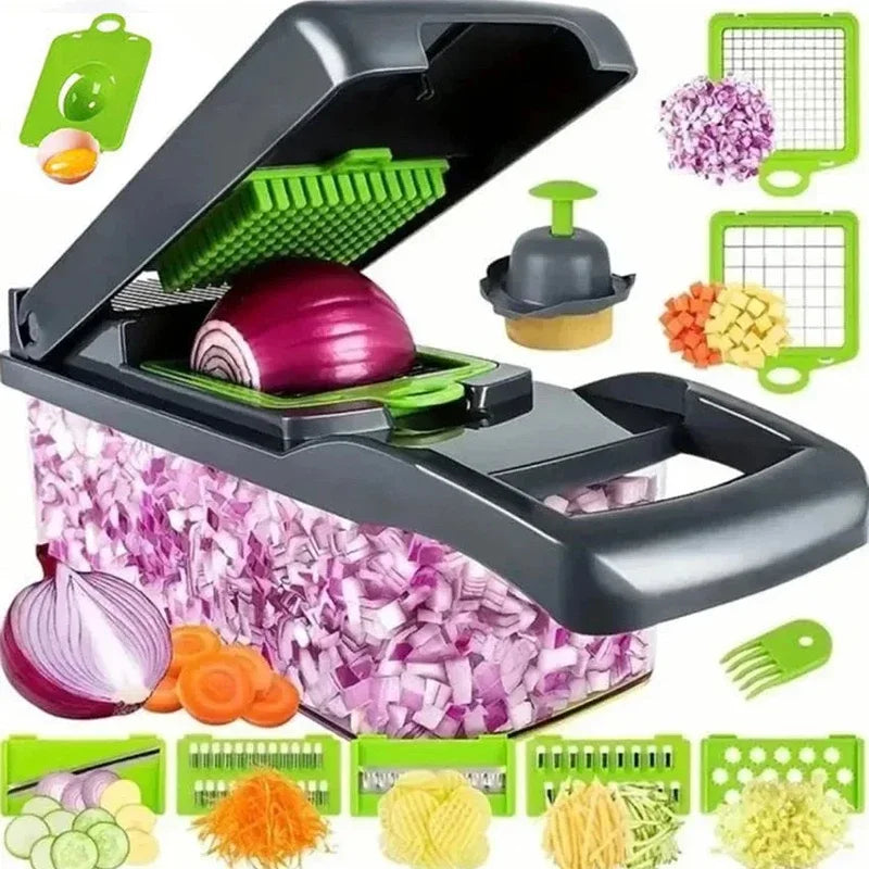 Multifunctional kitchen slicer with various attachments and chopped vegetables displayed.