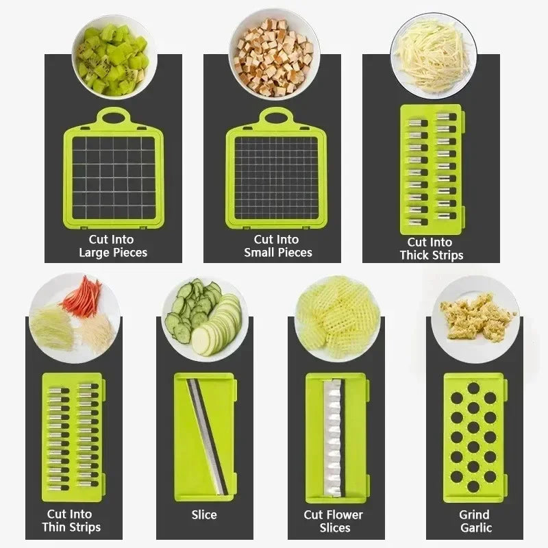 
"Set of green vegetable cutters featuring various interchangeable blade designs, displayed on a clean white background."