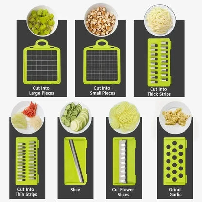 
"Set of green vegetable cutters featuring various interchangeable blade designs, displayed on a clean white background."