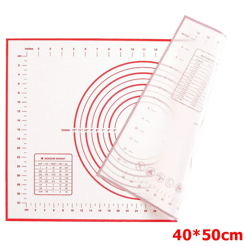 
"Baking mat with precise measurement markings and a transparent ruler, displayed on a white background for clear visibility."