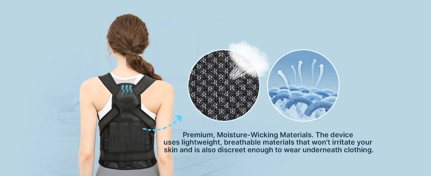 Detailed view of back posture corrector highlighting soft and breathable material texture