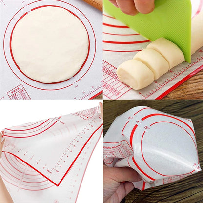 
"Collage showing a baking mat with measurement markings, dough being cut into shapes, and a piping bag being filled with cream or batter."

