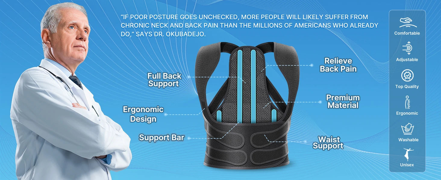 Ergonomic back support brace with doctor recommendation and key features for posture correction shown on a blue background