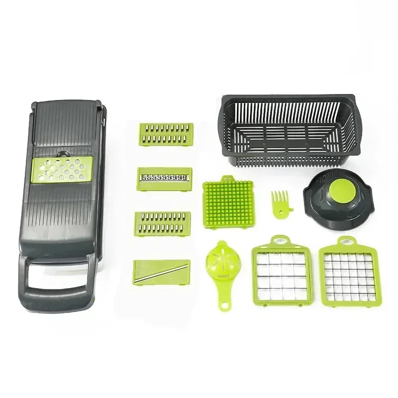 
"Complete set of kitchen tools featuring a mandoline slicer and multiple attachments, neatly arranged on a clean white background."
