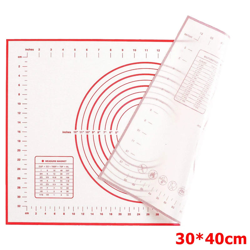 
"Baking mat with printed measurement scale and integrated ruler, displayed on a clean white background."